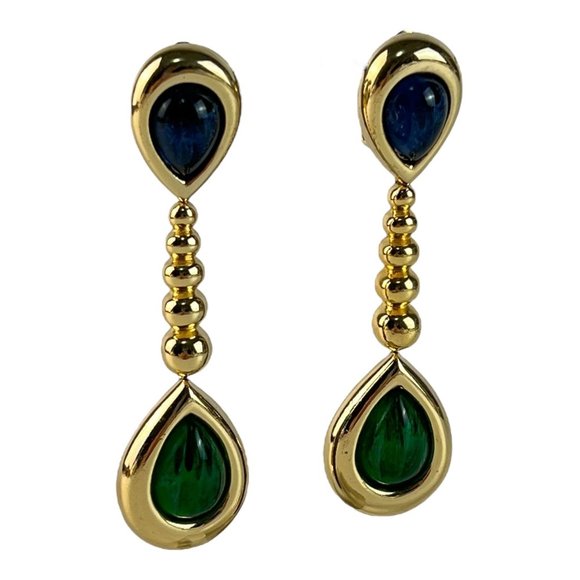 Vintage Christian Dior Runway Statement Green Blue Gripoix Drop Dangle Earrings - Picture 10 of 10